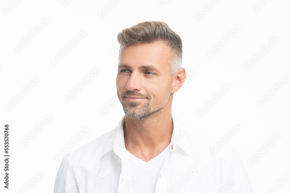 positive mature unshaven man portrait isolated on white background. face of unshaven man positive mature unshaven man portrait isolated on white background. face of unshaven man