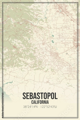 Retro US city map of Sebastopol, California. Vintage street map. photo