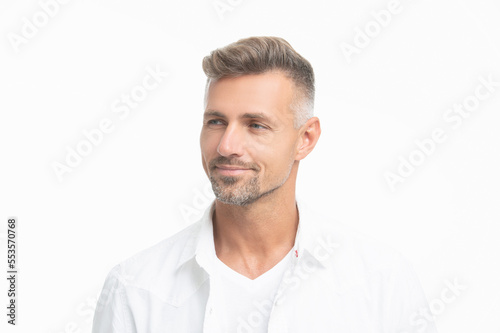 positive mature unshaven man portrait isolated on white background. face of unshaven man