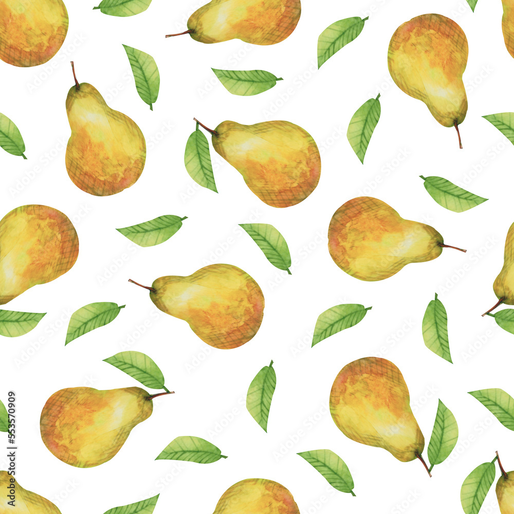 Watercolor seamless pattern ripe pears with leaves.Texture for wrapping paper, fabrics, decor.