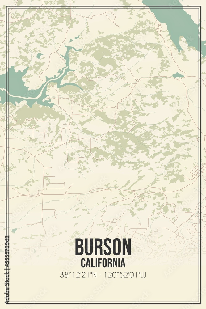 Retro US city map of Burson, California. Vintage street map.