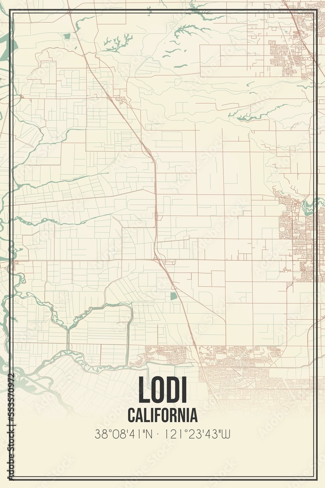 Fototapeta premium Retro US city map of Lodi, California. Vintage street map.