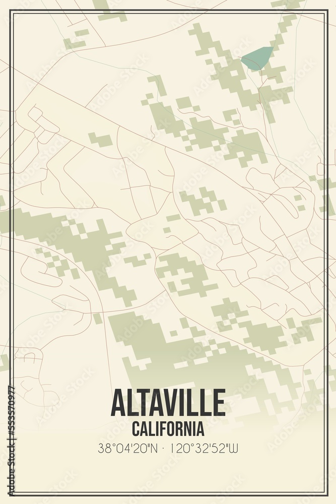 Retro US city map of Altaville, California. Vintage street map.