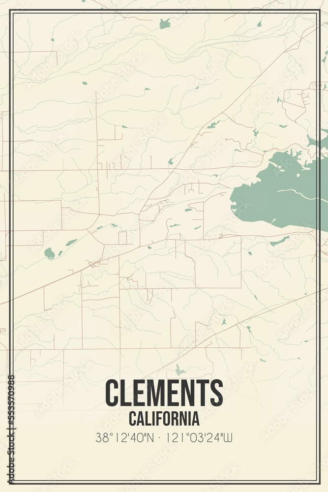 Retro US city map of Clements, California. Vintage street map. Stock