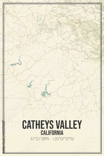 Retro US city map of Catheys Valley  California. Vintage street map.