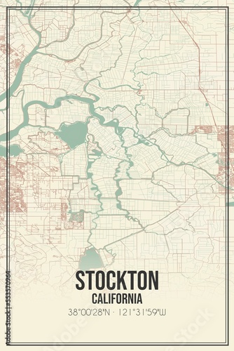Retro US city map of Stockton  California. Vintage street map.