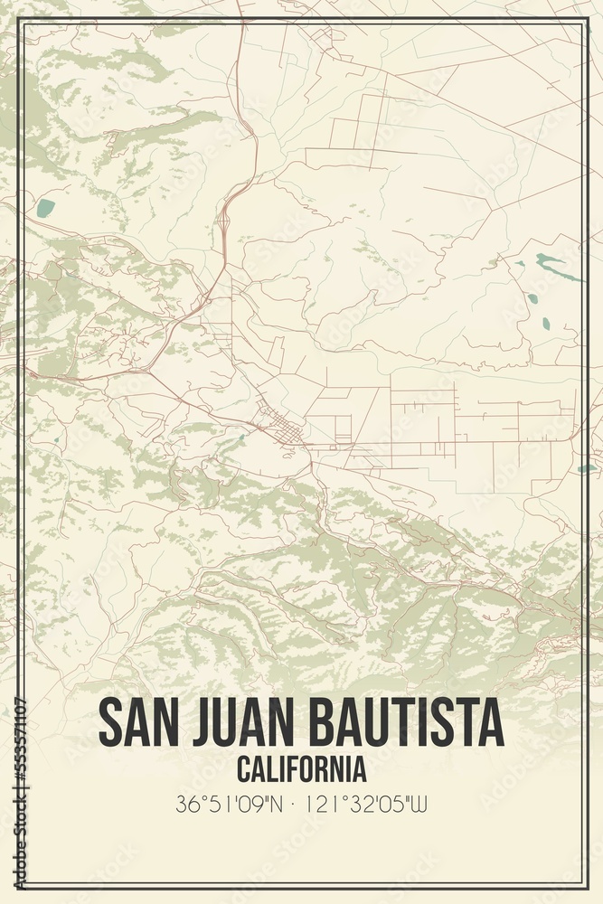 Fototapeta premium Retro US city map of San Juan Bautista, California. Vintage street map.