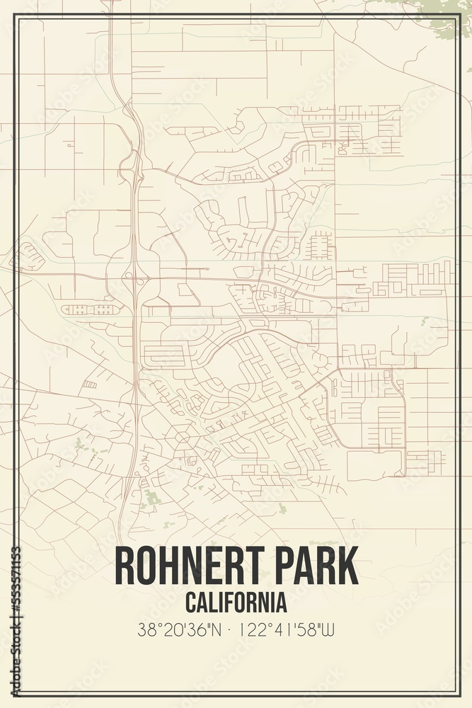 Retro US city map of Rohnert Park, California. Vintage street map.