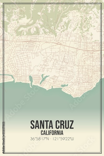 Retro US city map of Santa Cruz, California. Vintage street map.