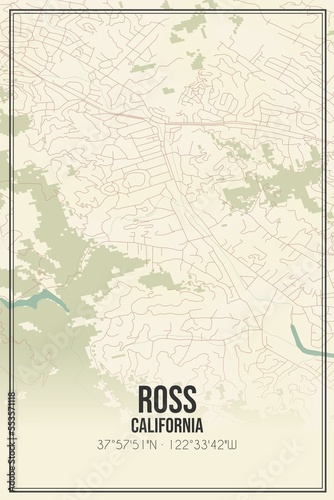 Retro US city map of Ross  California. Vintage street map.