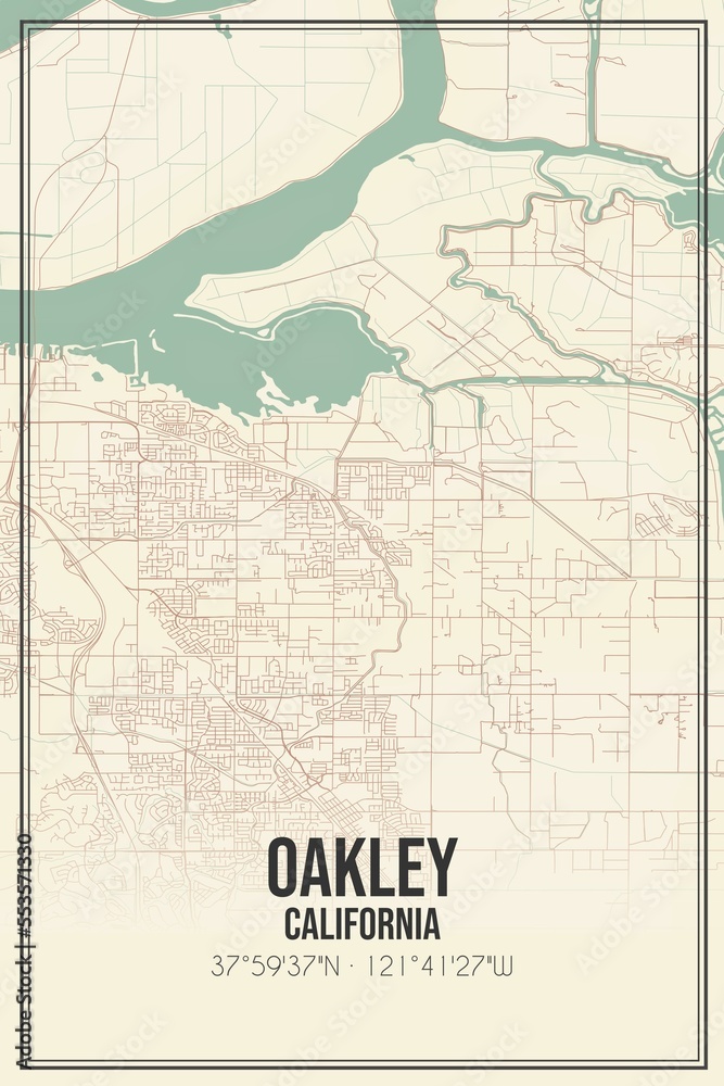 Fototapeta premium Retro US city map of Oakley, California. Vintage street map.