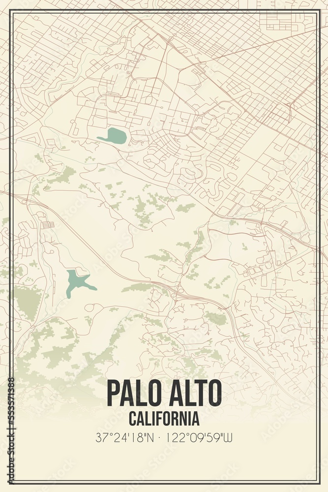 Retro US city map of Palo Alto, California. Vintage street map.