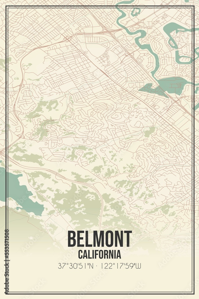 Retro US city map of Belmont, California. Vintage street map.