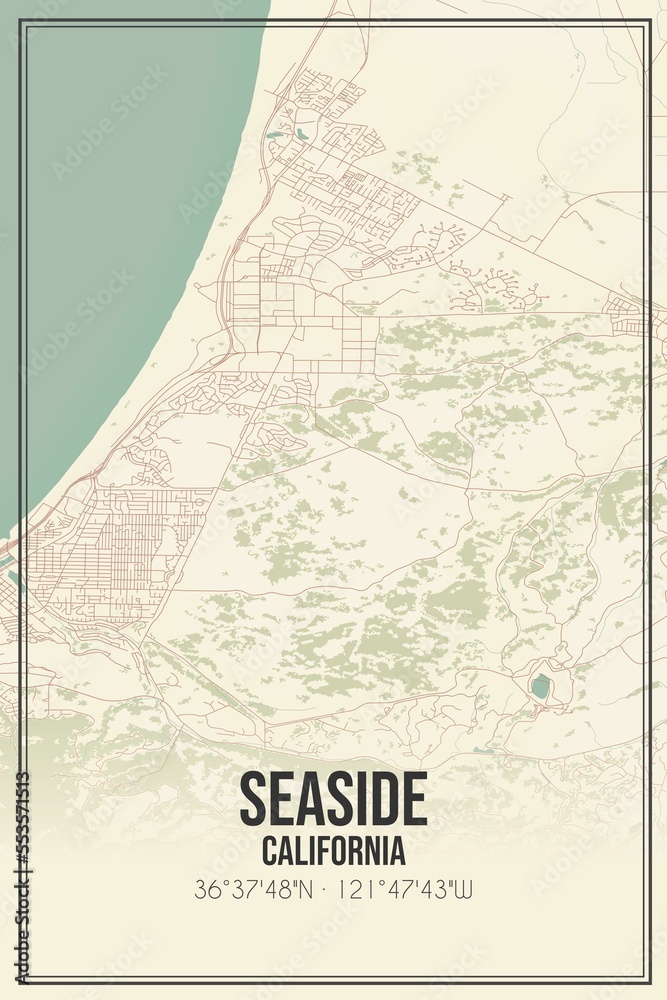 Fototapeta premium Retro US city map of Seaside, California. Vintage street map.