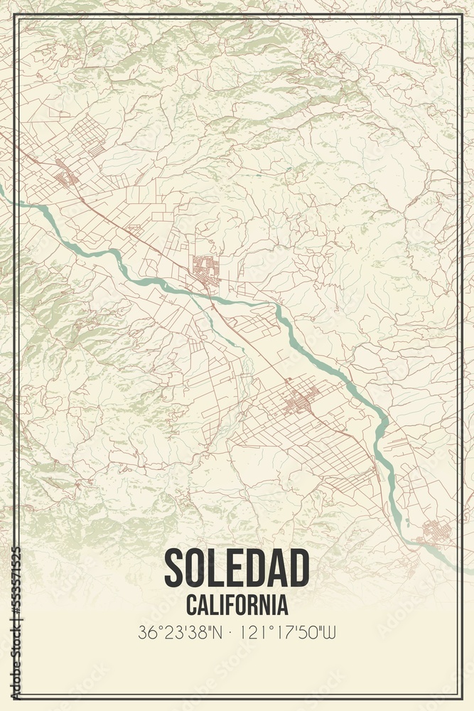 Retro US city map of Soledad, California. Vintage street map.