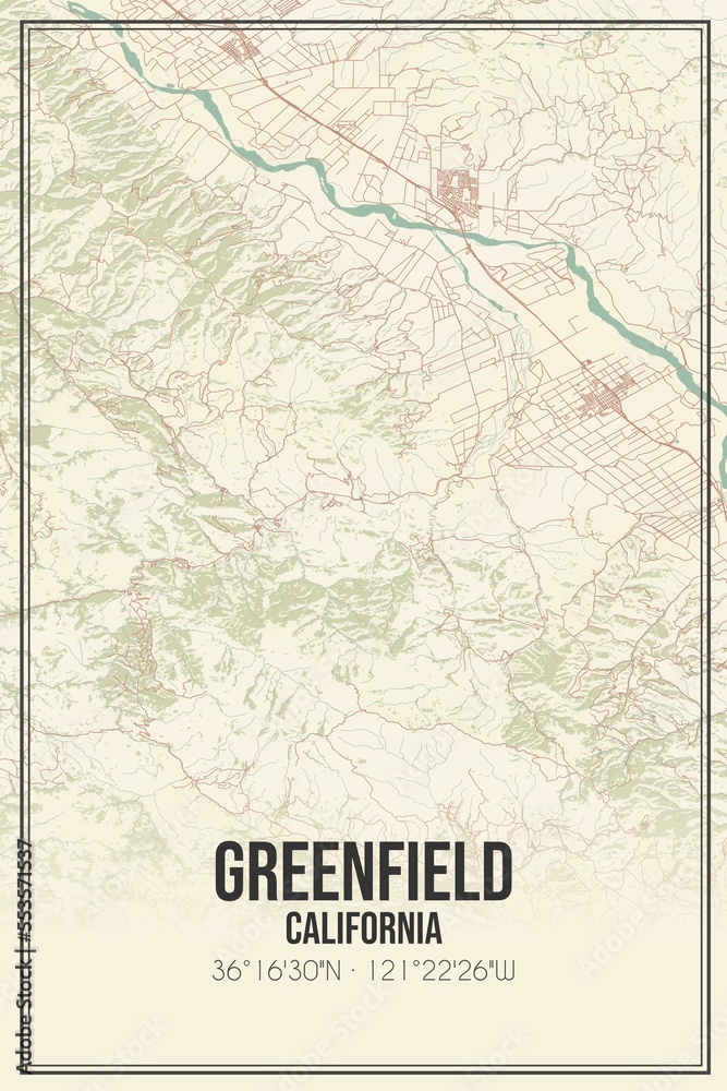 Retro US city map of Greenfield, California. Vintage street map.