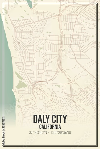 Retro US city map of Daly City, California. Vintage street map. photo