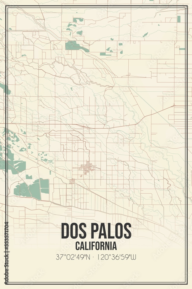 Retro US city map of Dos Palos, California. Vintage street map.