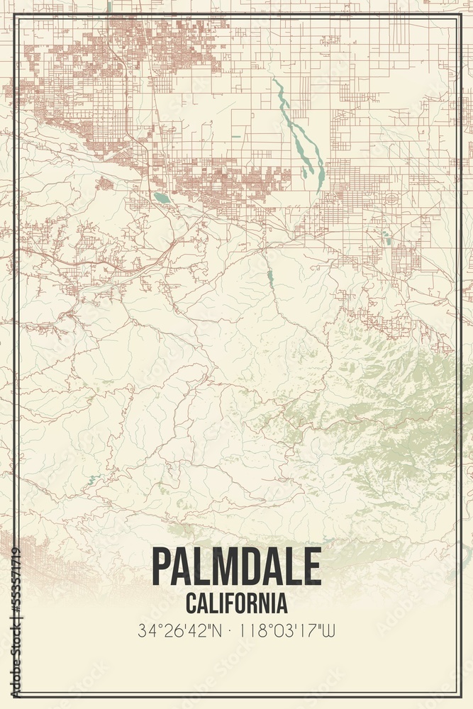 Retro US city map of Palmdale, California. Vintage street map.