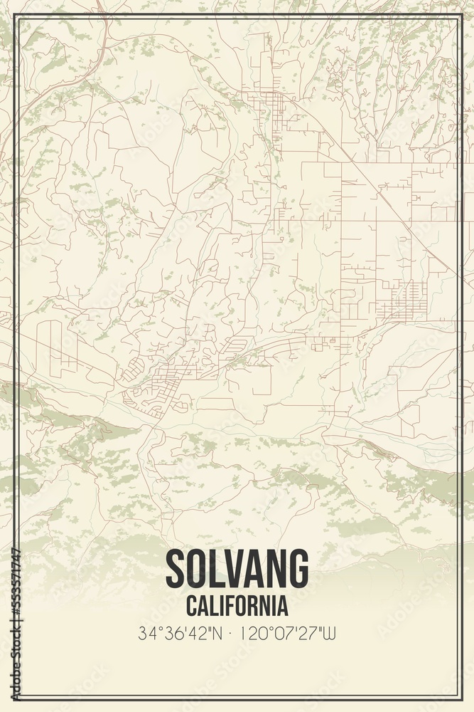 Retro US city map of Solvang, California. Vintage street map.