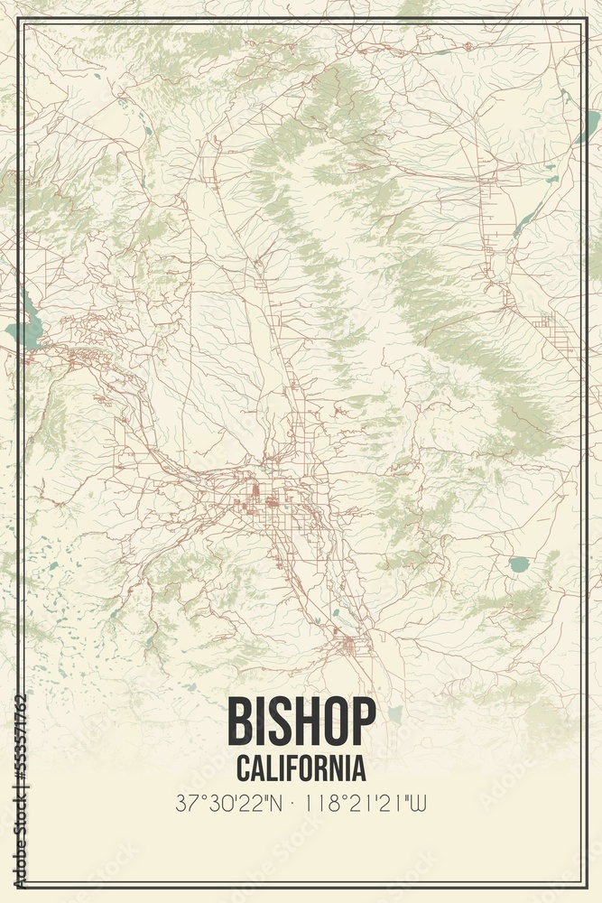 Retro US city map of Bishop, California. Vintage street map.