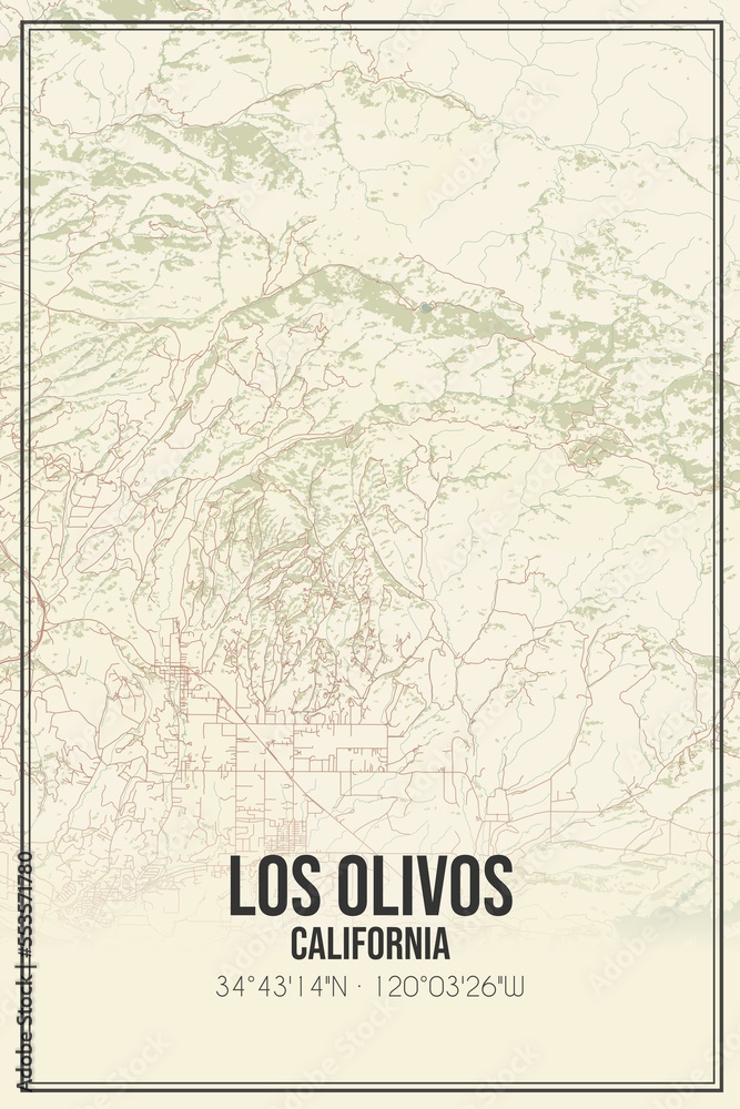 Retro US city map of Los Olivos, California. Vintage street map.