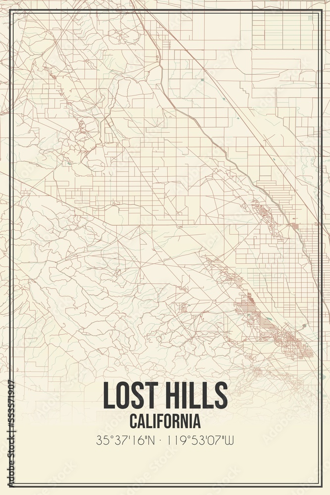 Retro US city map of Lost Hills, California. Vintage street map.