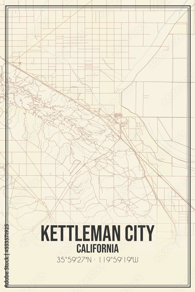 Retro US city map of Kettleman City, California. Vintage street map