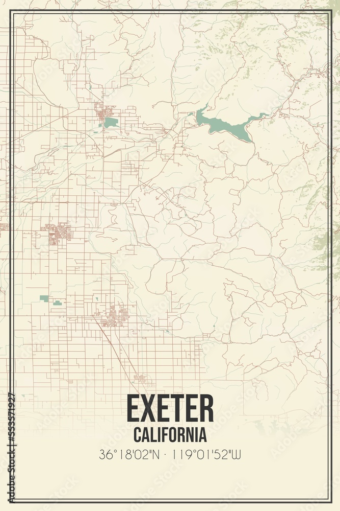 Retro US city map of Exeter, California. Vintage street map.