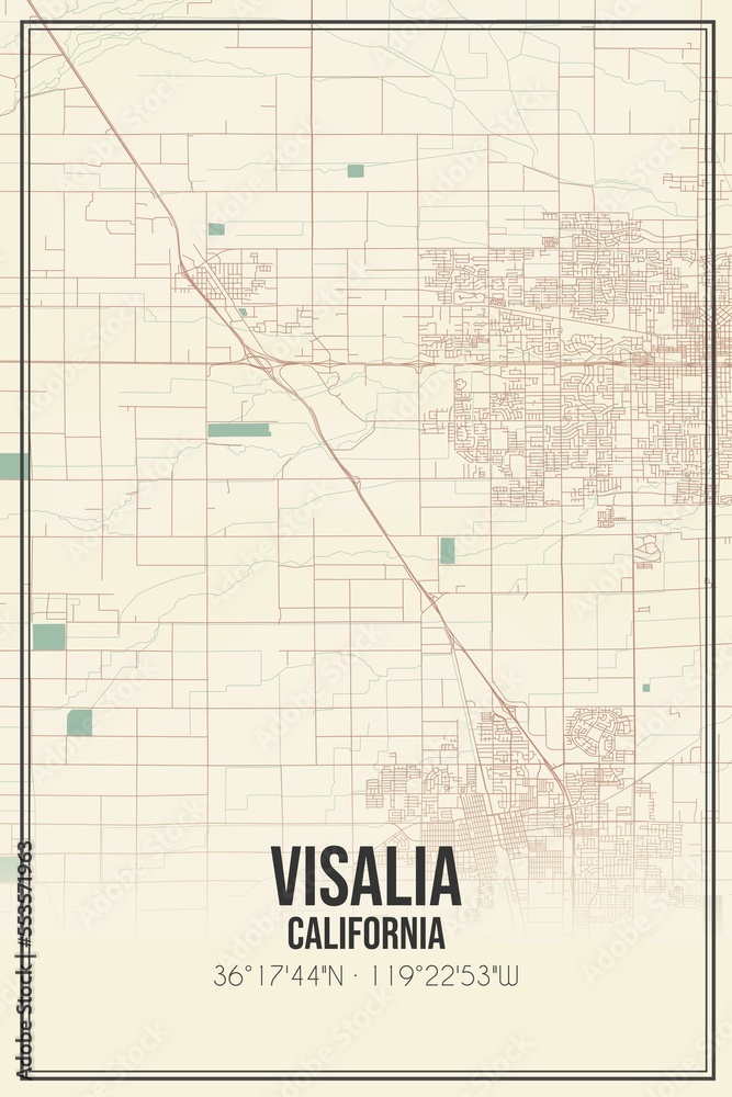 Retro US city map of Visalia, California. Vintage street map.