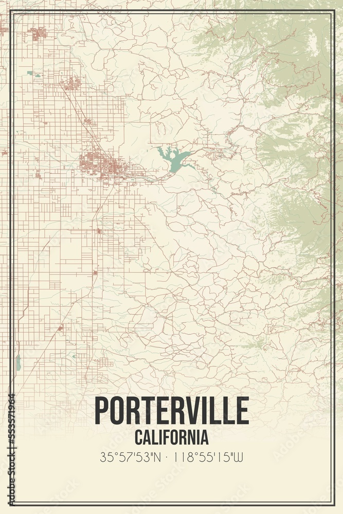 Retro US city map of Porterville, California. Vintage street map.
