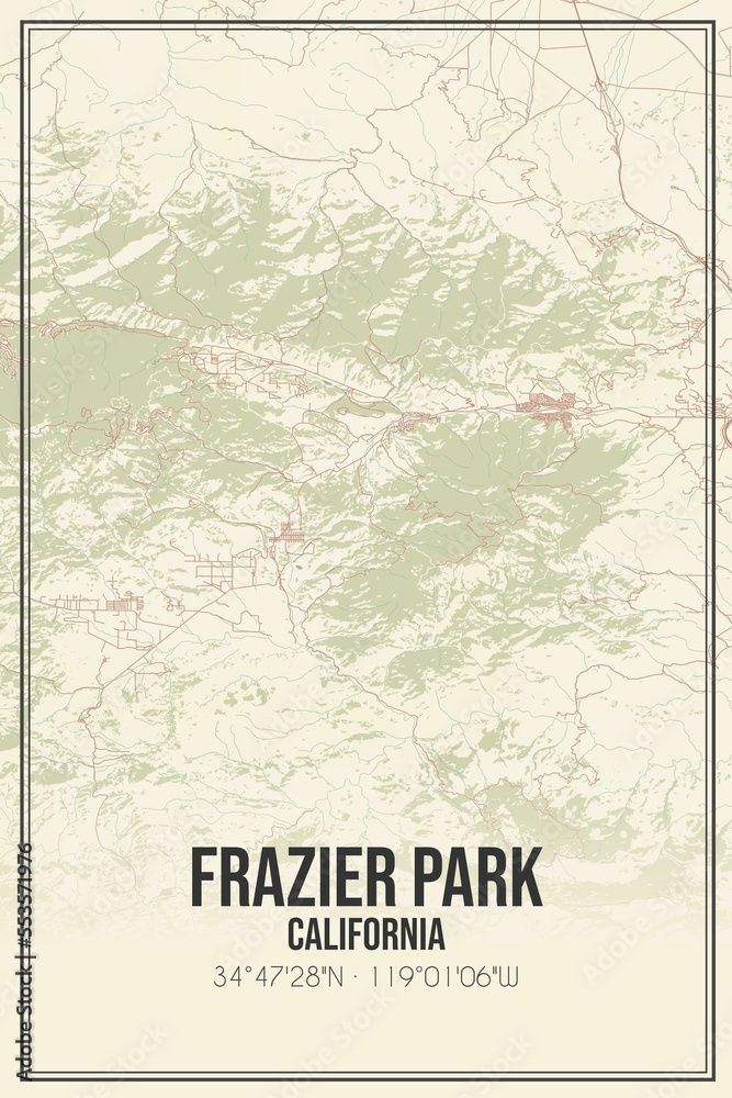 Retro US city map of Frazier Park, California. Vintage street map.