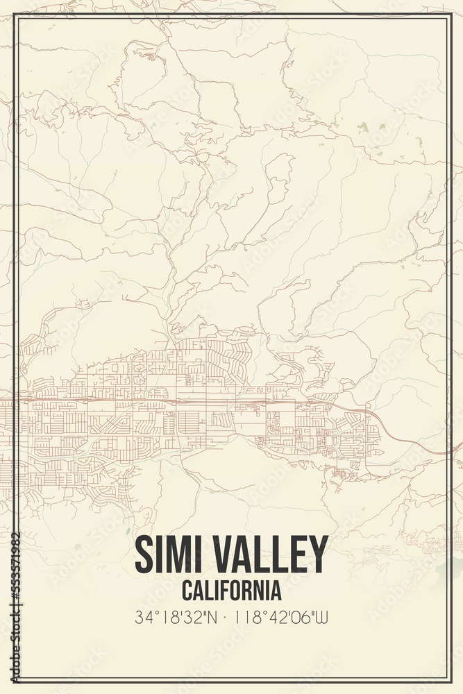 Retro US city map of Simi Valley, California. Vintage street map.