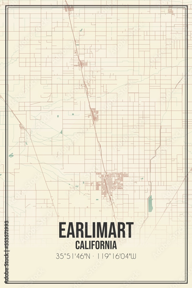 Retro US city map of Earlimart, California. Vintage street map.