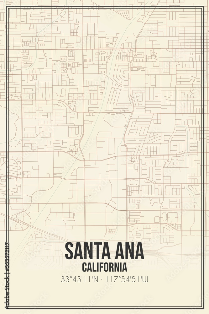 Retro US city map of Santa Ana, California. Vintage street map.