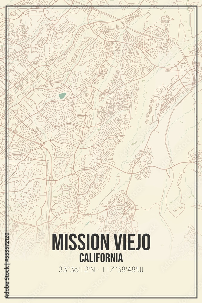 Retro US city map of Mission Viejo, California. Vintage street map.