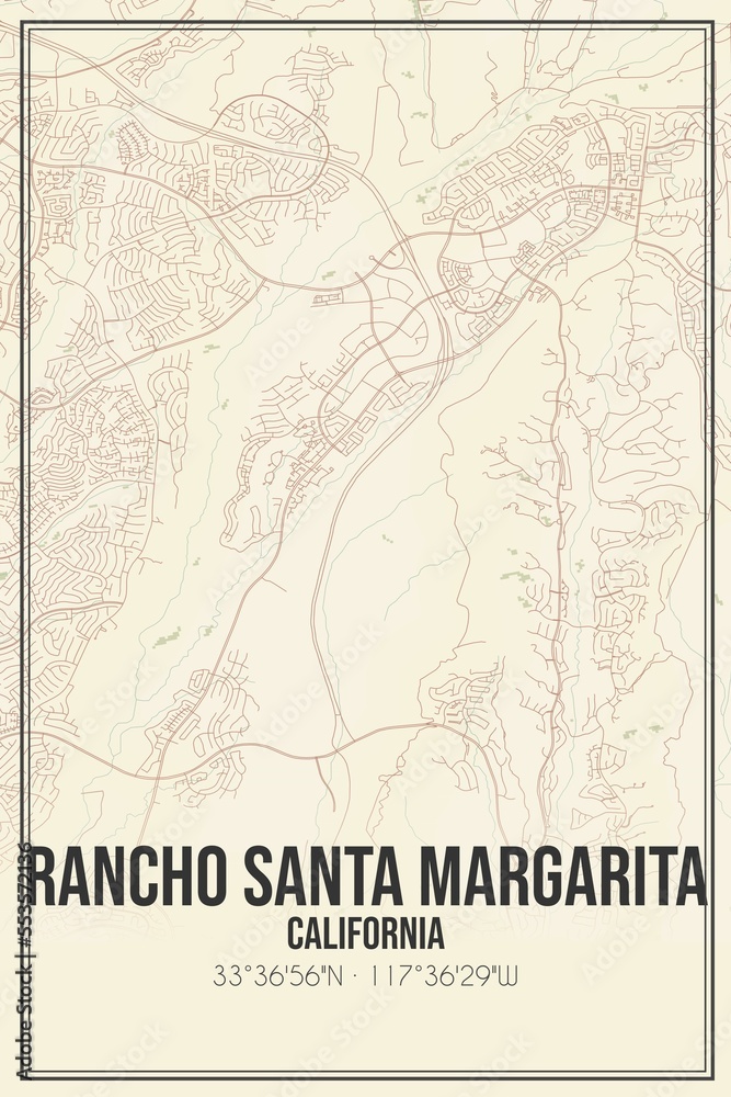 Fototapeta premium Retro US city map of Rancho Santa Margarita, California. Vintage street map.