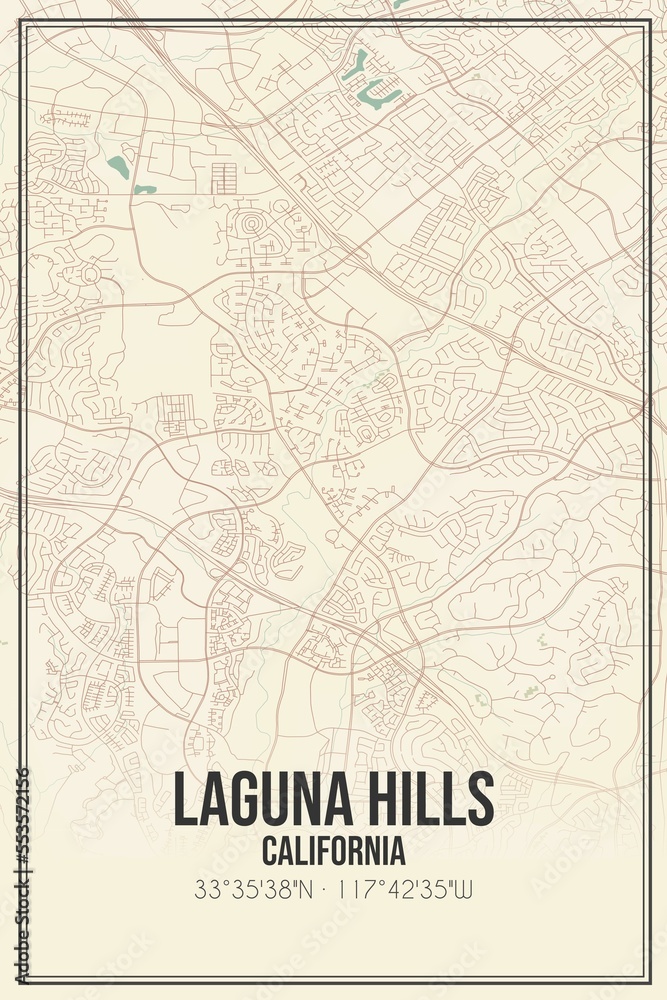 Retro US city map of Laguna Hills, California. Vintage street map.