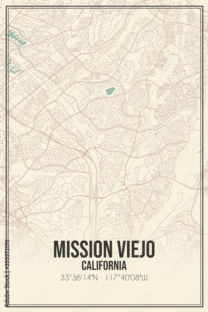 Fototapeta premium Retro US city map of Mission Viejo, California. Vintage street map.