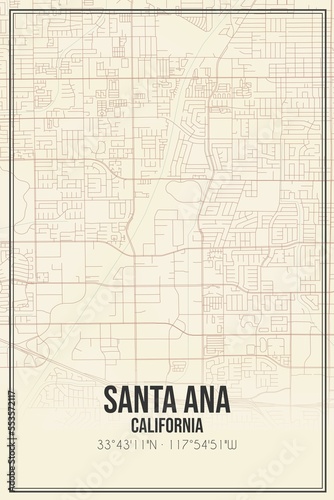Retro US city map of Santa Ana, California. Vintage street map.
