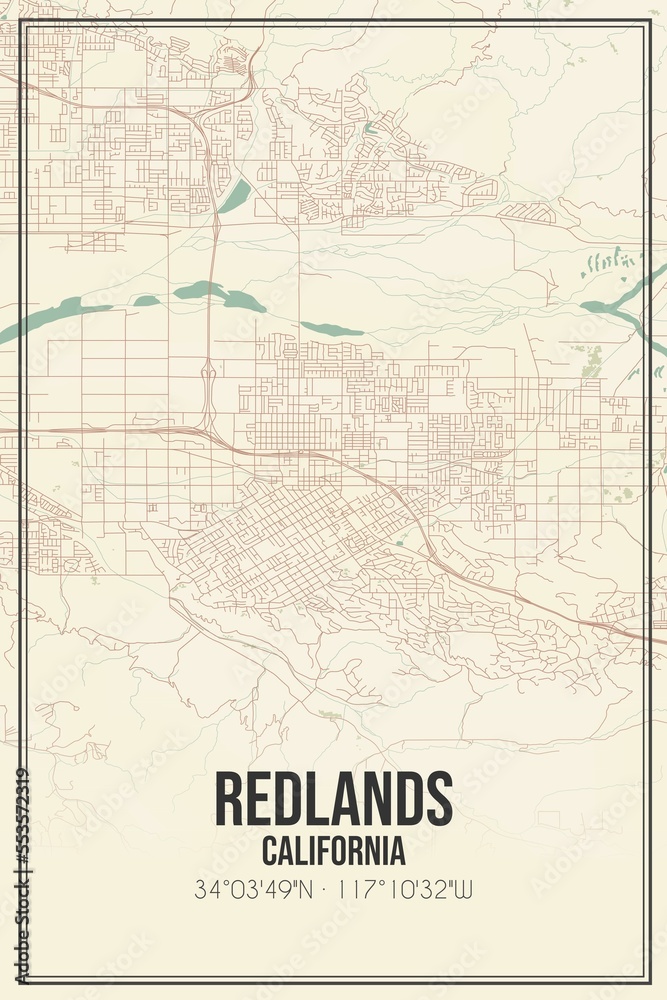 Retro US city map of Redlands, California. Vintage street map.