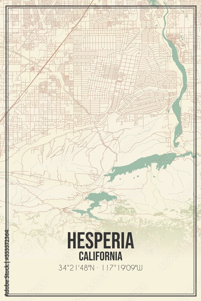 Retro US city map of Hesperia, California. Vintage street map.