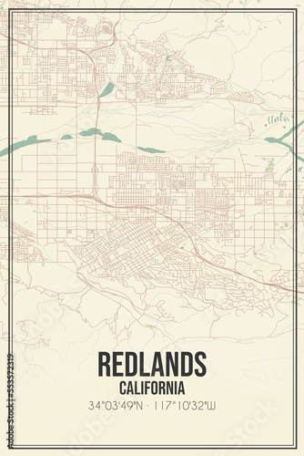 Retro US city map of Redlands, California. Vintage street map. photo