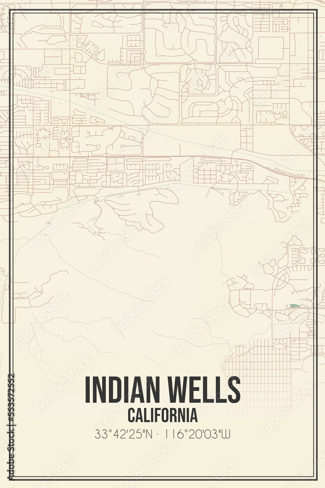 Retro US city map of Indian Wells, California. Vintage street map.