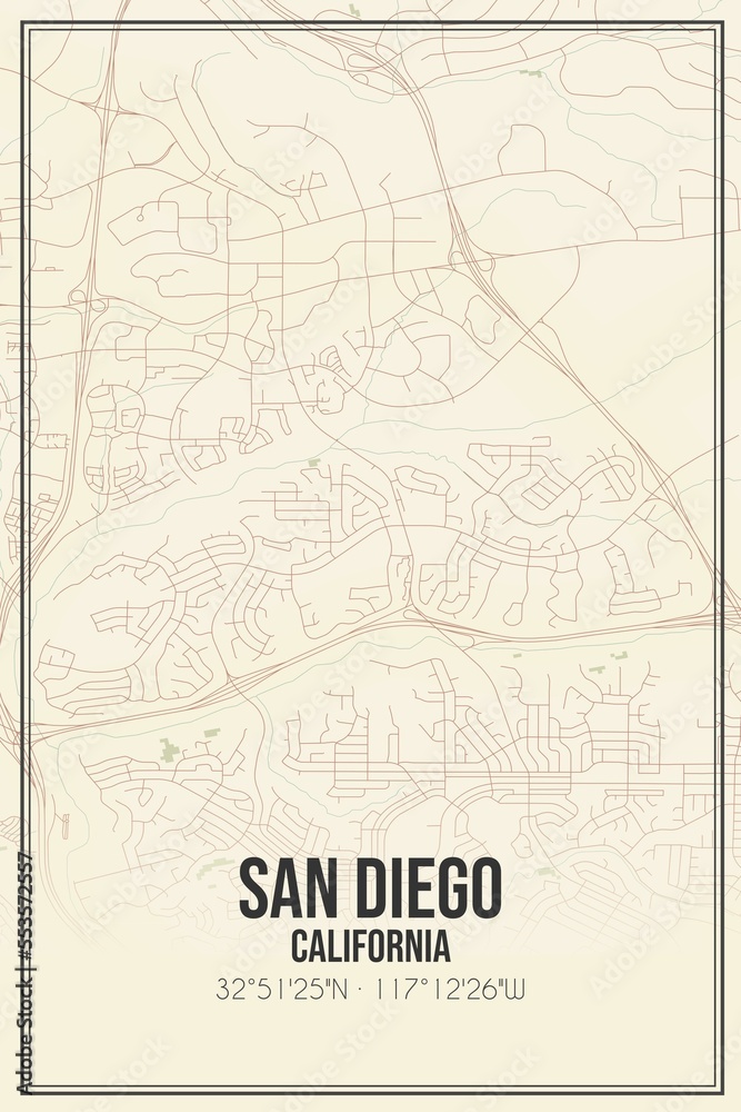 Obraz premium Retro US city map of San Diego, California. Vintage street map.