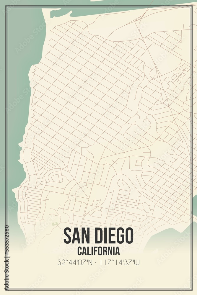 Retro US city map of San Diego, California. Vintage street map.