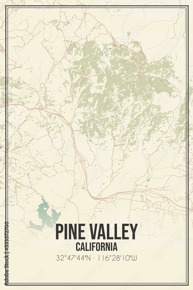 Retro US city map of Pine Valley, California. Vintage street map.