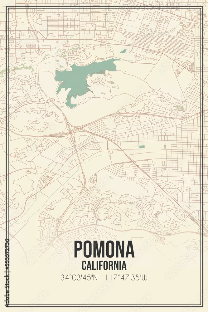 Retro US city map of Pomona, California. Vintage street map.