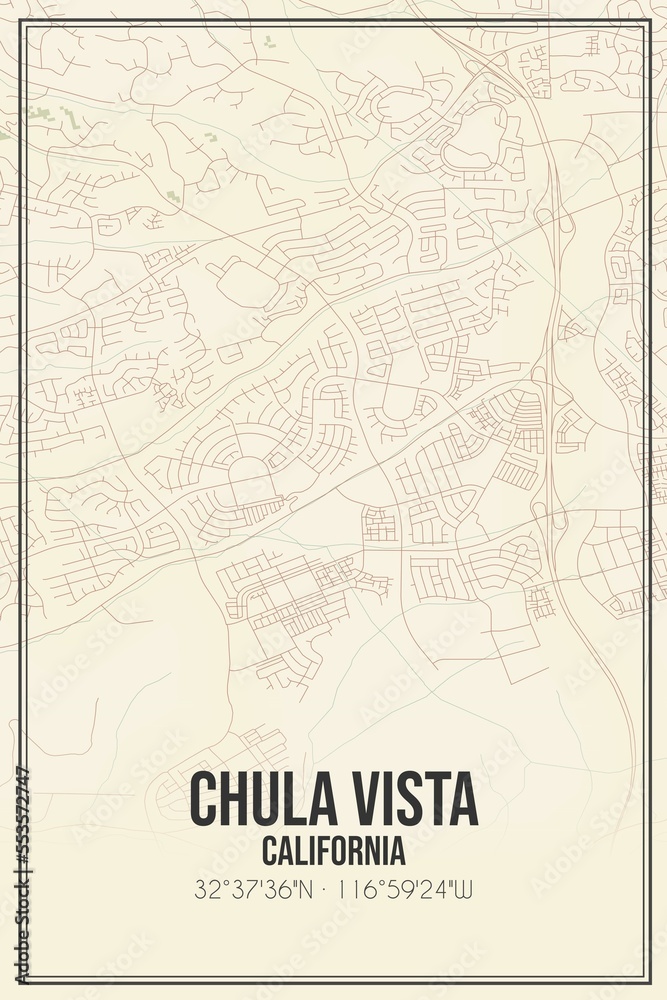 Retro US city map of Chula Vista, California. Vintage street map.