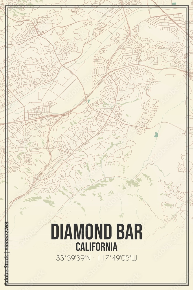 Retro US city map of Diamond Bar, California. Vintage street map.